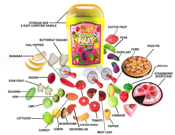 Play Food Kitchen Toys Set - 72 Piece Fake Fruits And Vegetables Toddler Cutting Play-Set